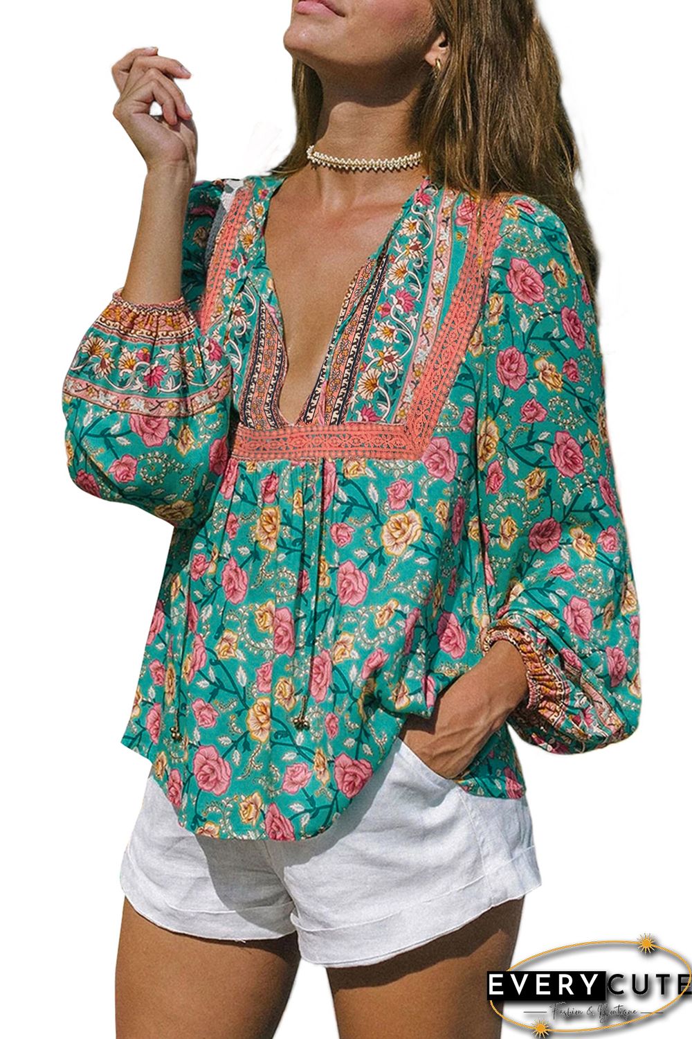 Green V Cut Neck Floral Lantern Sleeve Blouse