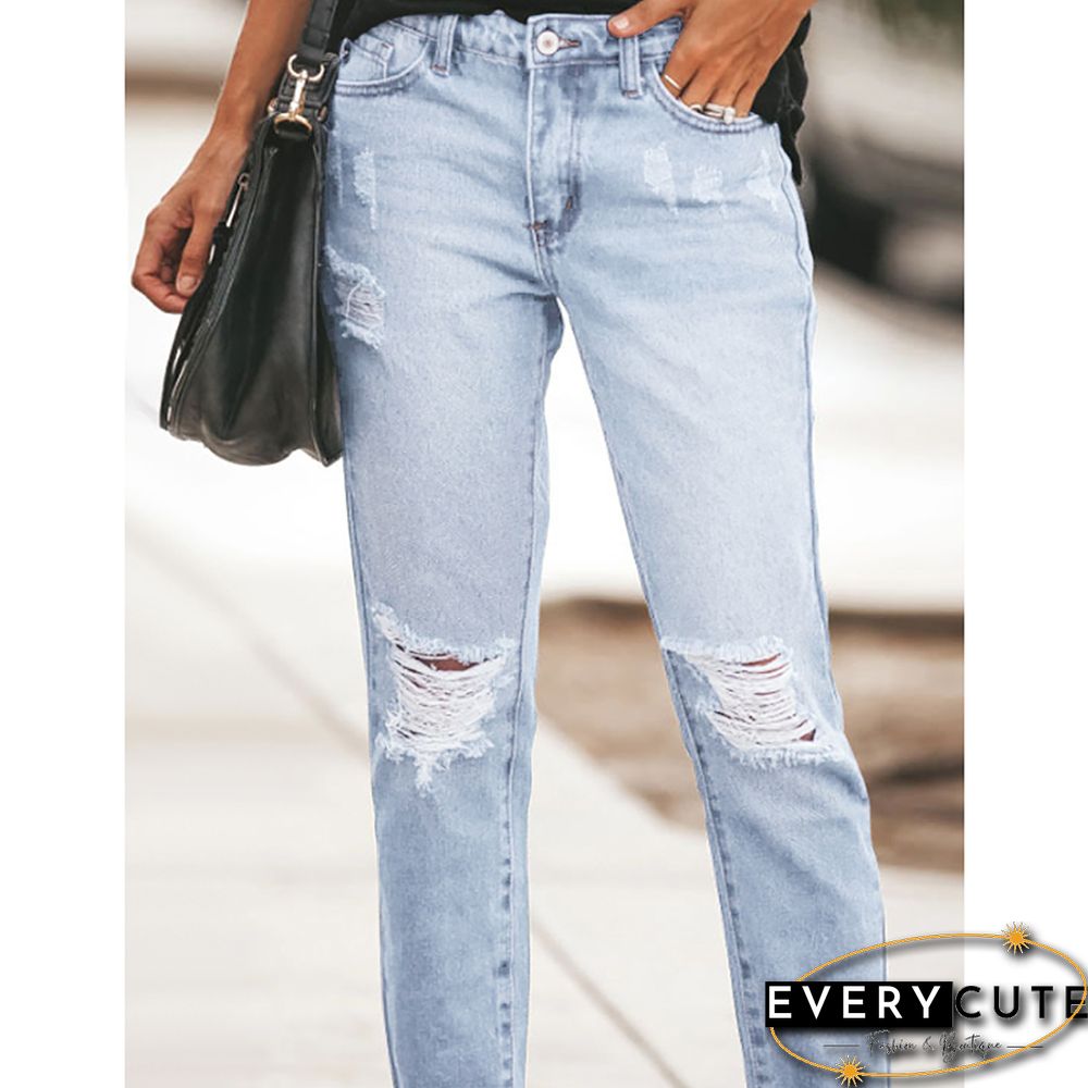 Light Blue Hole Raw Hem Casual Washed Jeans