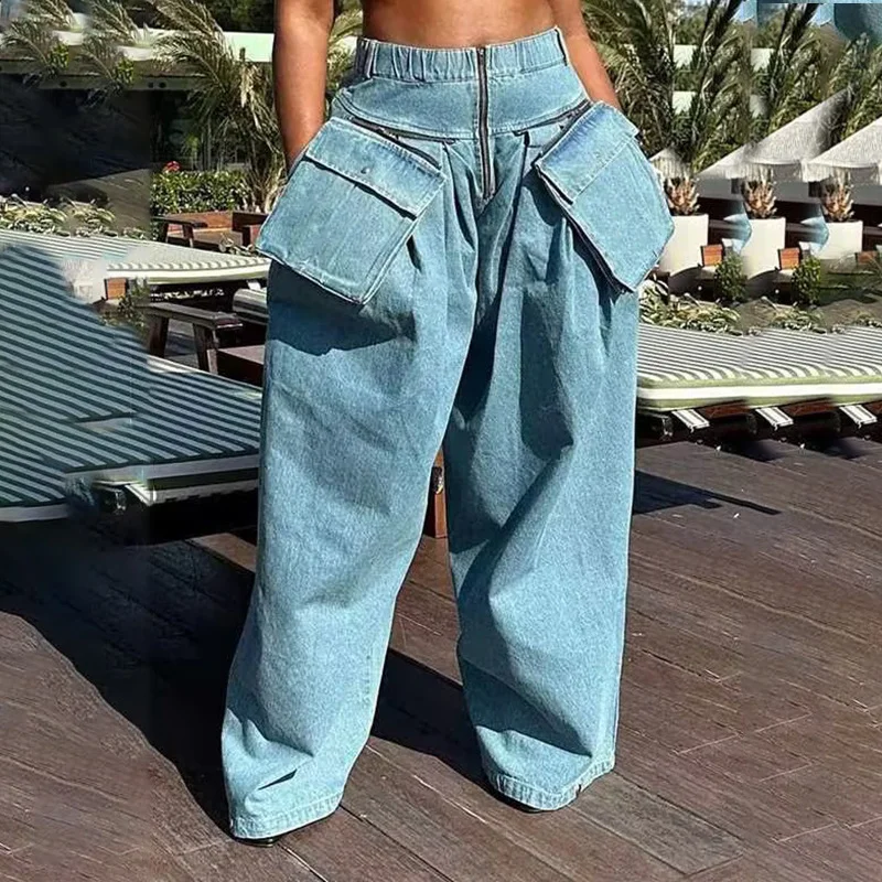 Toloer Toloer New Fashion High Waist Large Pocket Design Sense Wide Leg Pants Loose Small Show Skinny Jeans Woman-Outfit Ideas
