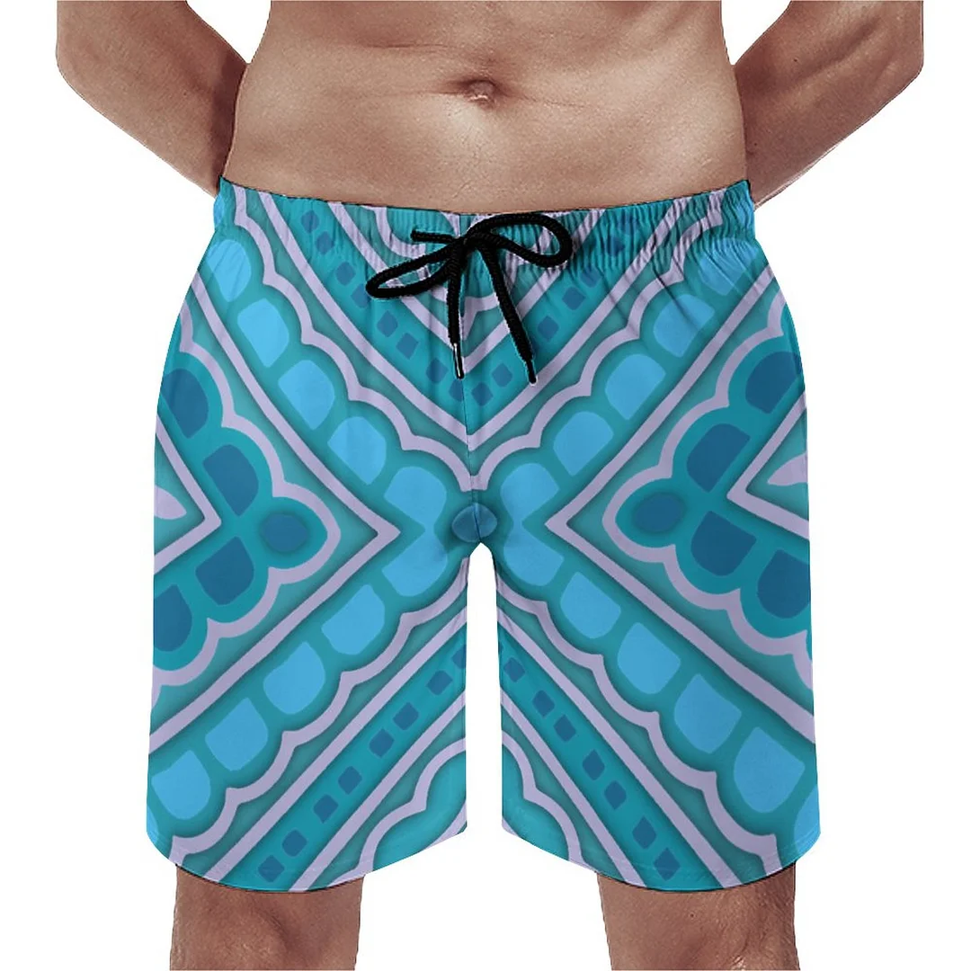 Aqua Blue Mint Teal Turquoise Ethnic Boho Men's Swim Trunks Summer Board Shorts Quick Dry Beach Short with Pockets