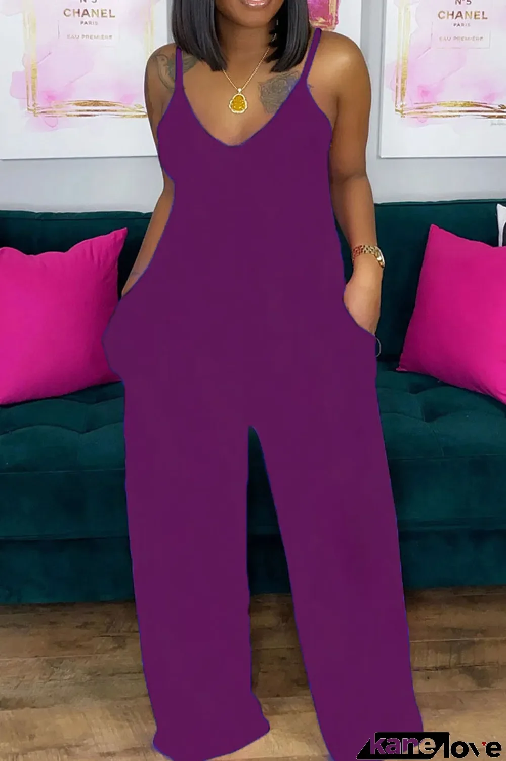Dark Purple Casual Solid Patchwork Spaghetti Strap Loose Jumpsuits