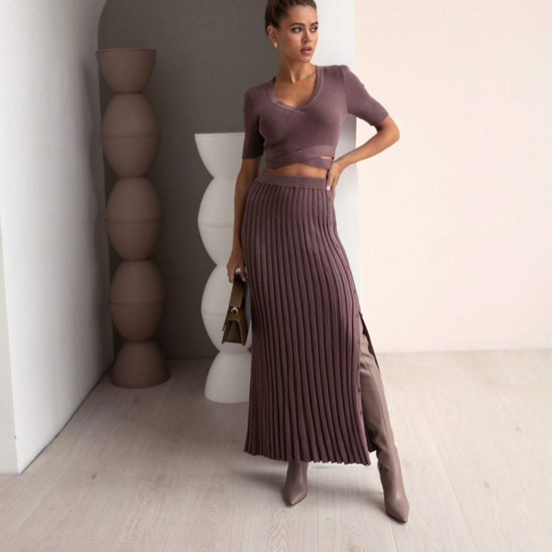 Ootddress Knit Summer White Two Piece Women Fashion Holiday Elegant Party Maxi Skirt Outfits High Split Knitwear Female Sets Skirt