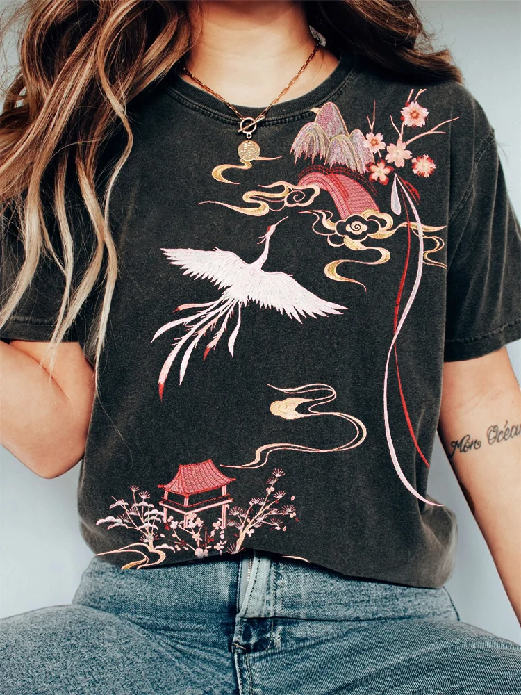 Comstylish Phoenix & Cherry Blossom Ancient Japanese Art Washed T Shirt