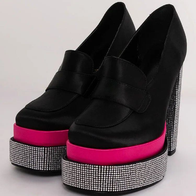 Black & Pink Chunky Heel Rhinestone Platform Shoes Vdcoo