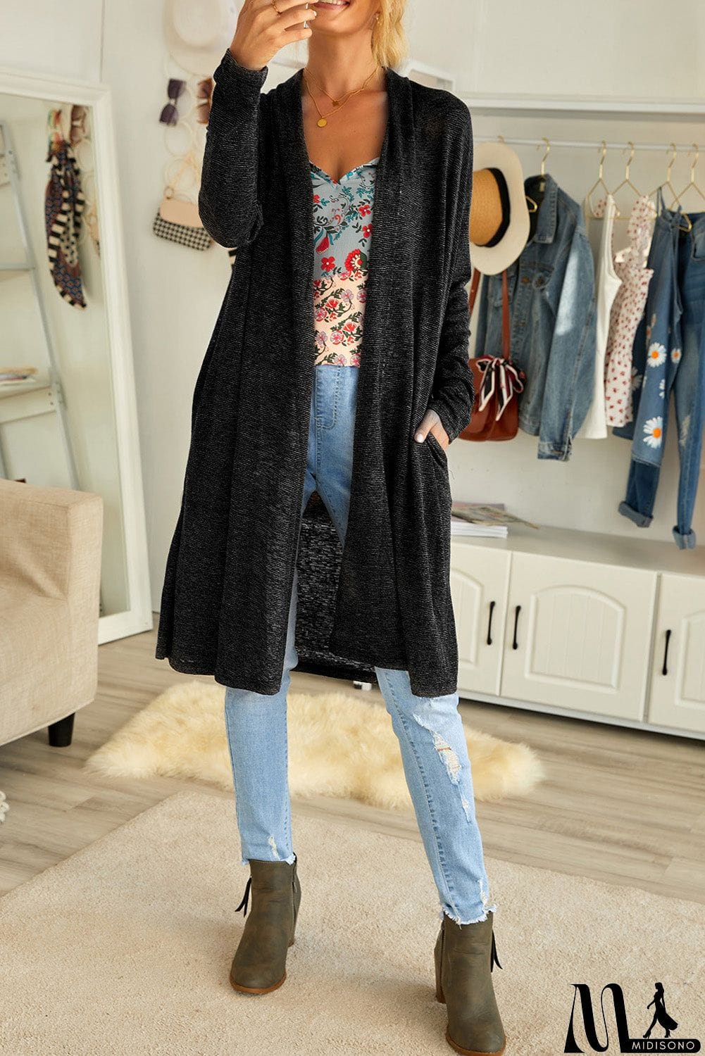 MidiSono - Slouchy Pocketed Knit Longline Cardigan