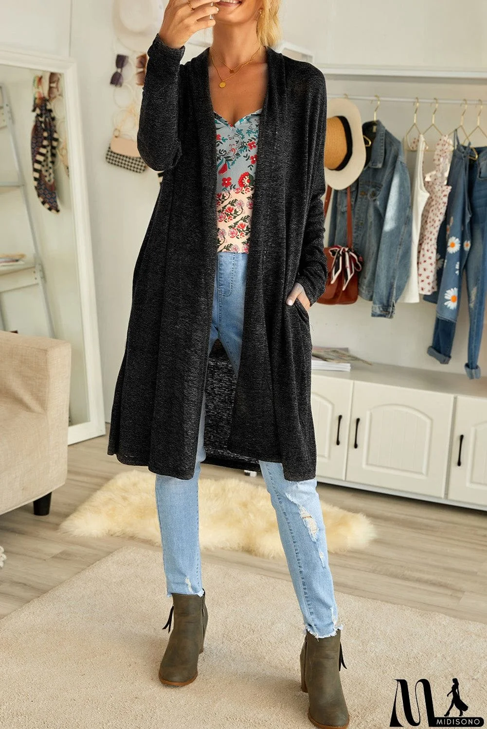 MidiSono - Slouchy Pocketed Knit Longline Cardigan