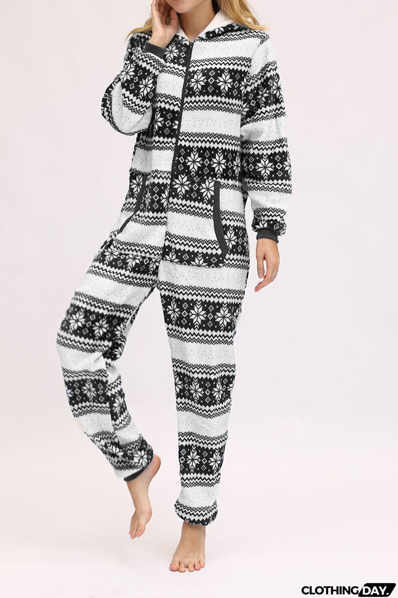 Christmas Printed Zipper Hooded Jumpsuits