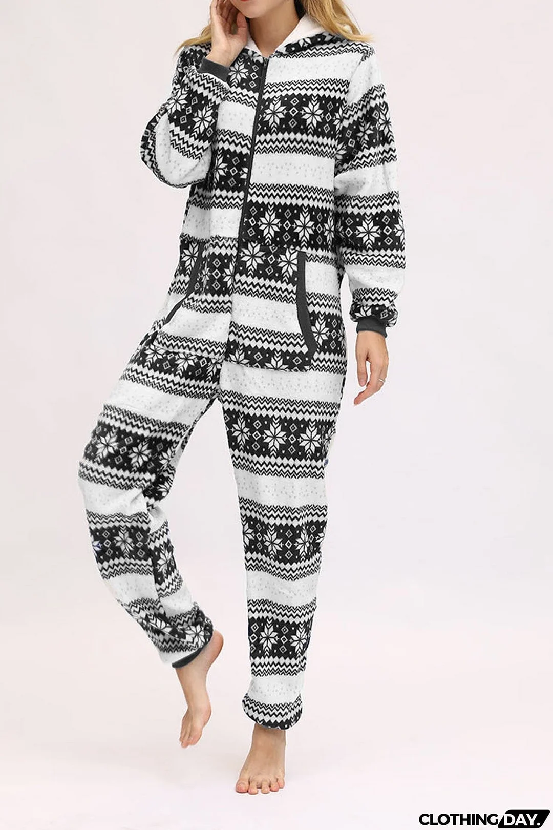 Christmas Printed Zipper Hooded Jumpsuits