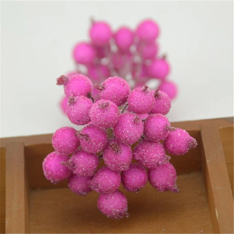 20pcs Mini Double Heads Artificial Glass Berries Pomegranate Red Cherry Bouquet Stamen Christmas Decorative DIY Craft Fake Fruit