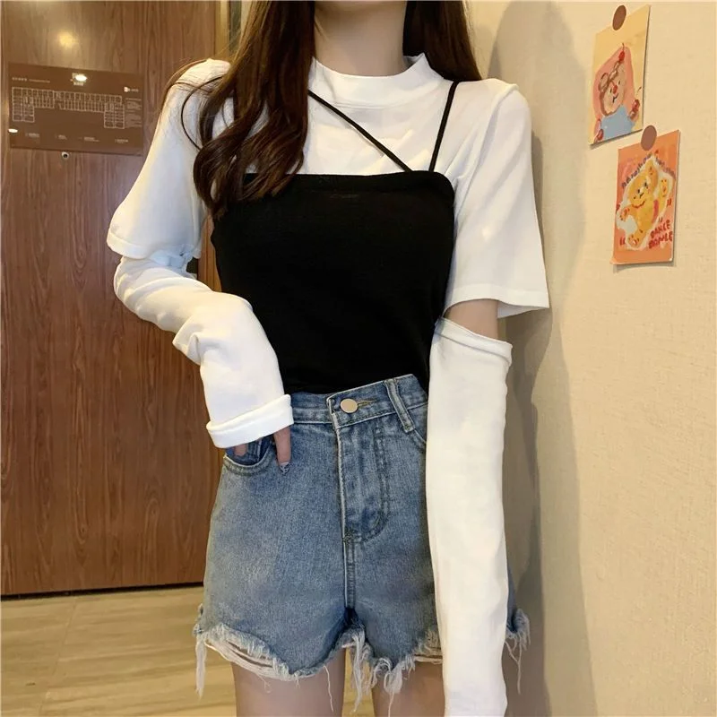 Toloer Toloer 2024 New Korean Wind Detachable Sleeve Knit T-Shirt Knit Sling Vest Wearing A Suit Schoolgirl-Outfit Ideas