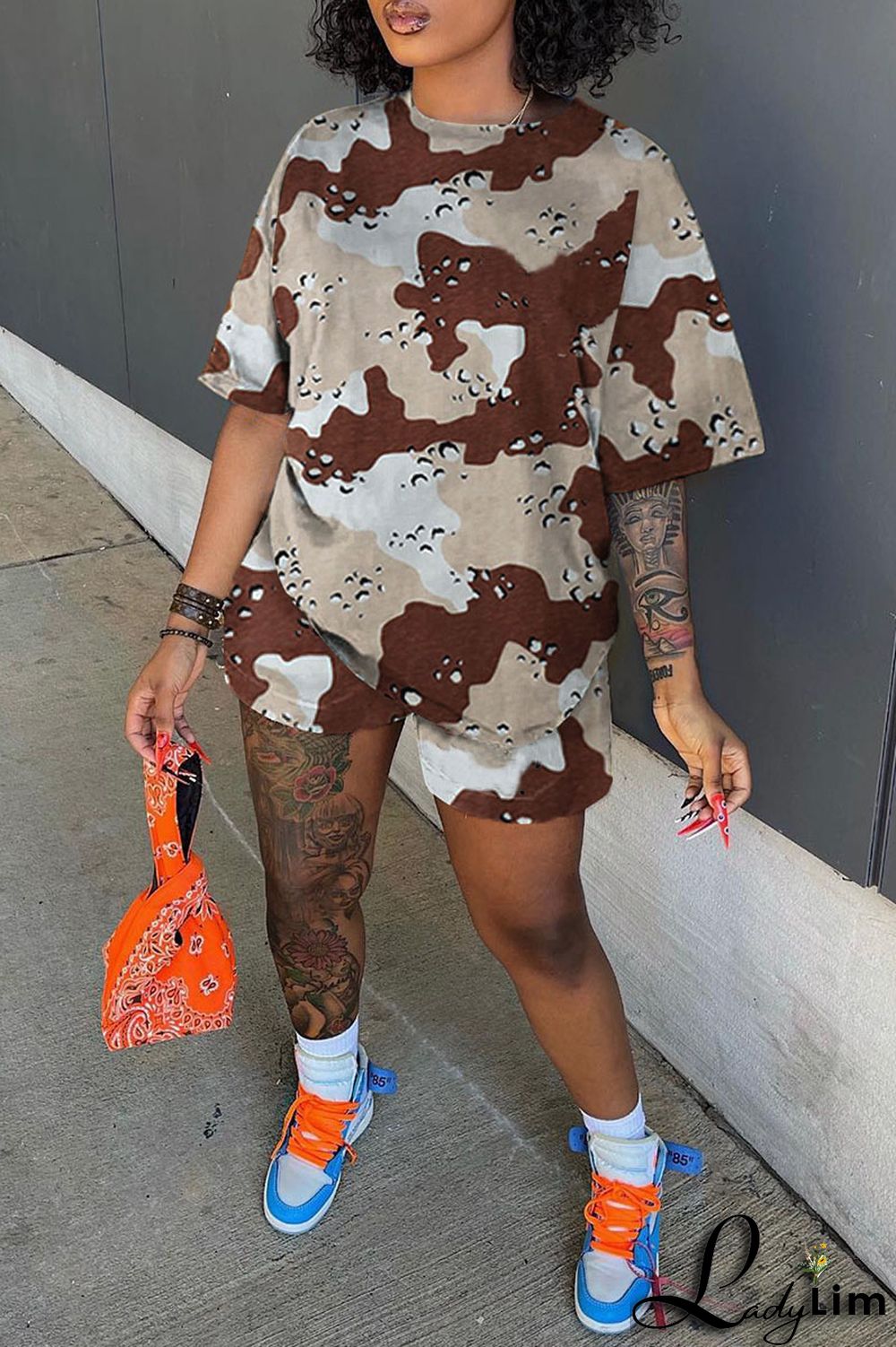 Army Green Casual Print Patchwork O Neck Short Sleeve Two Pieces