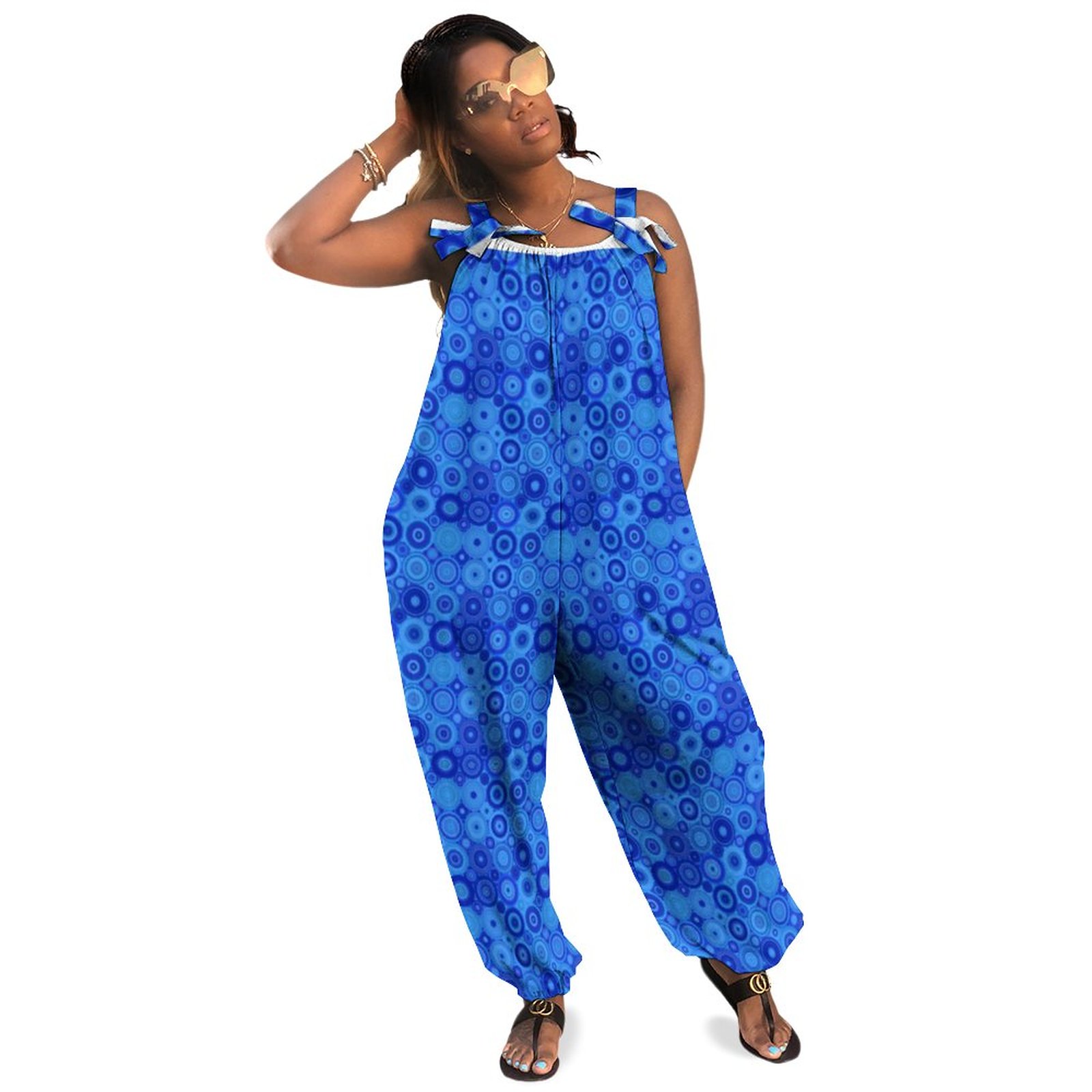 Blue With Abstract Floral Pattern Women Plus Size Jumpsuit Summer Loose Harem Pants Casual Keyhole Jumpsuit Overalls Long Length Polyester Spandex