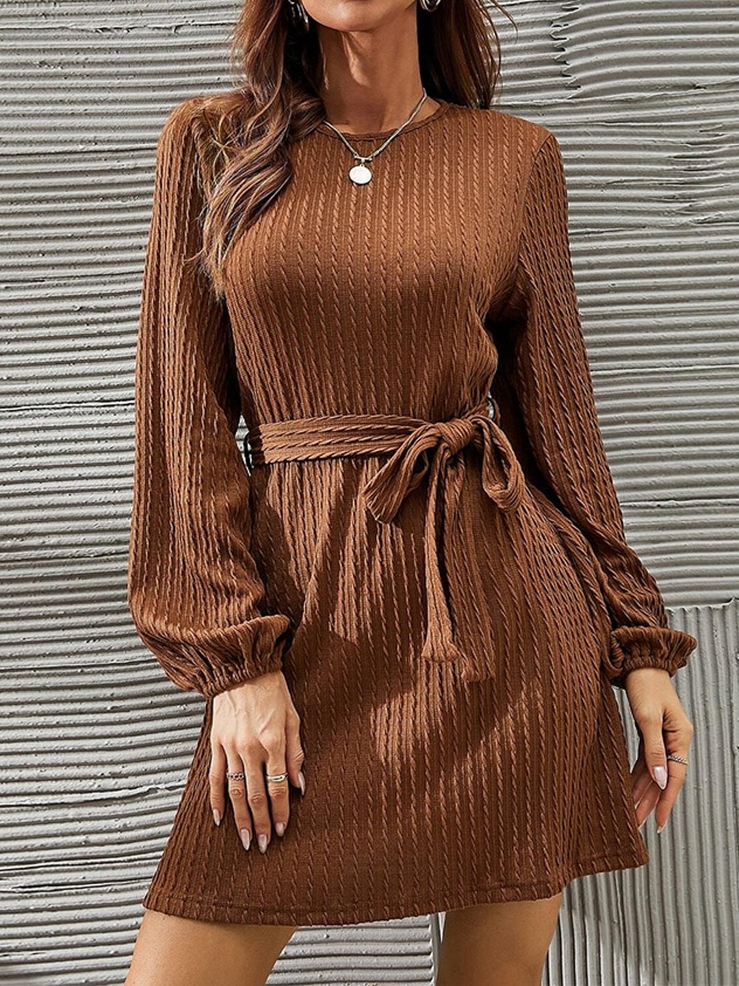 Lantern Sleeve Belted Rib-Knit Dress