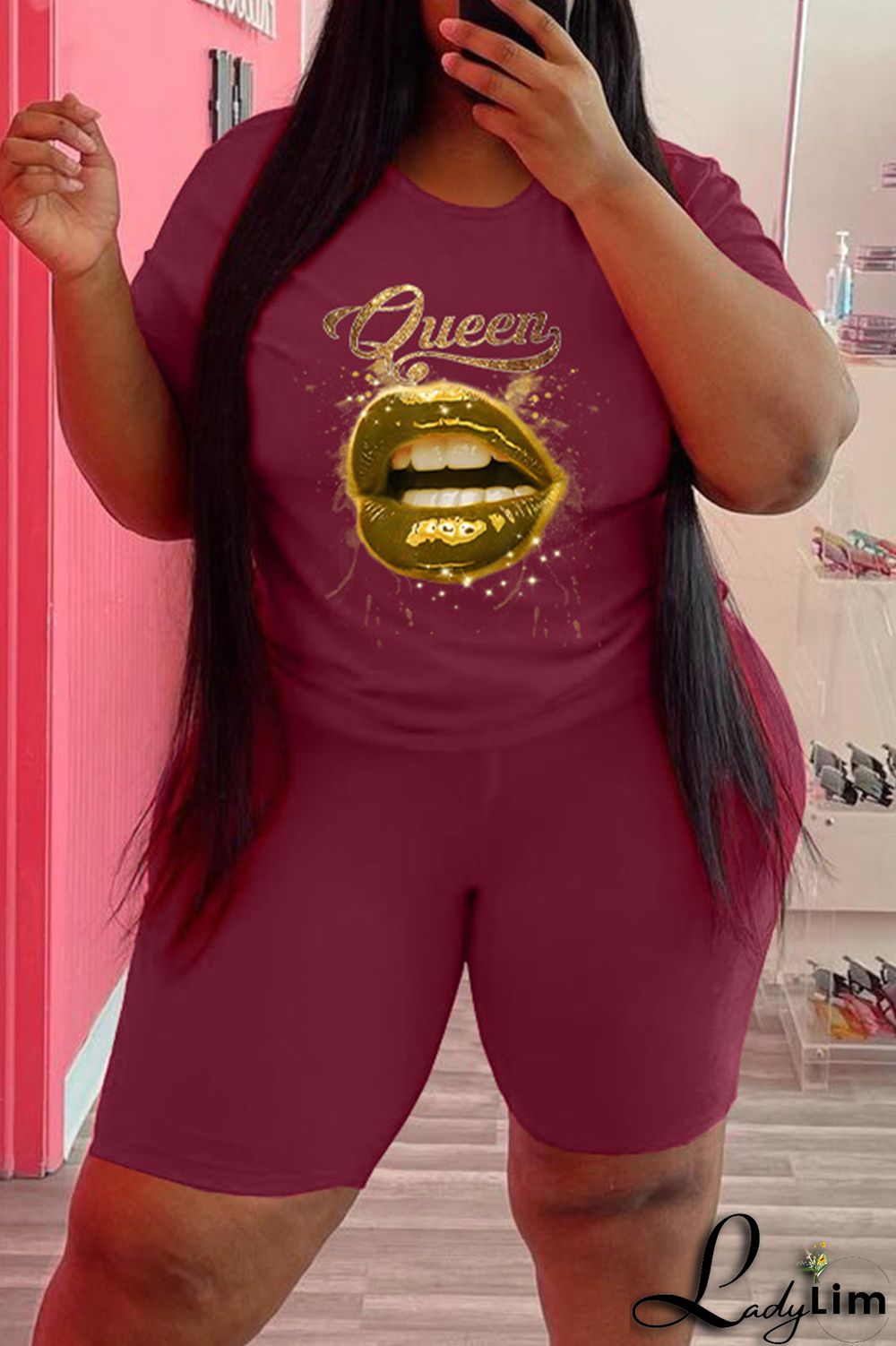 Black Fashion Casual Lips Printed Basic O Neck Plus Size Two Pieces