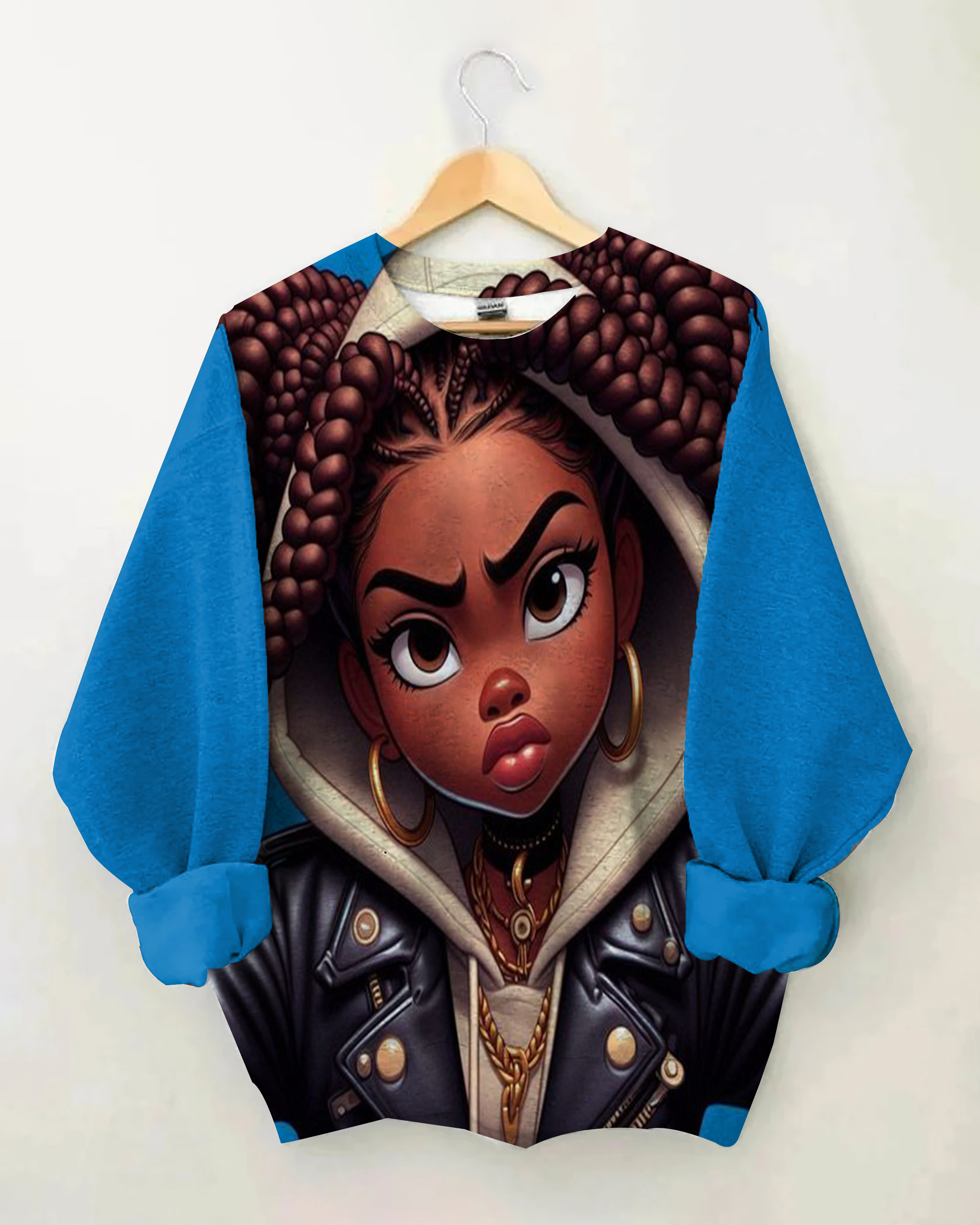 Cartoon Dreadlocks Black Girl Personality Printed Round Neck Long Sleeve Top