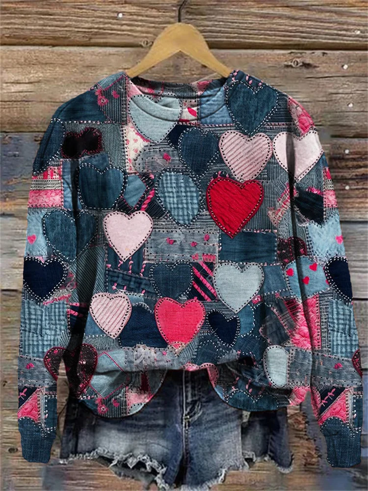 Valentine's Day Jeans Hearts Patchwork Art Pattern Sweatshirt