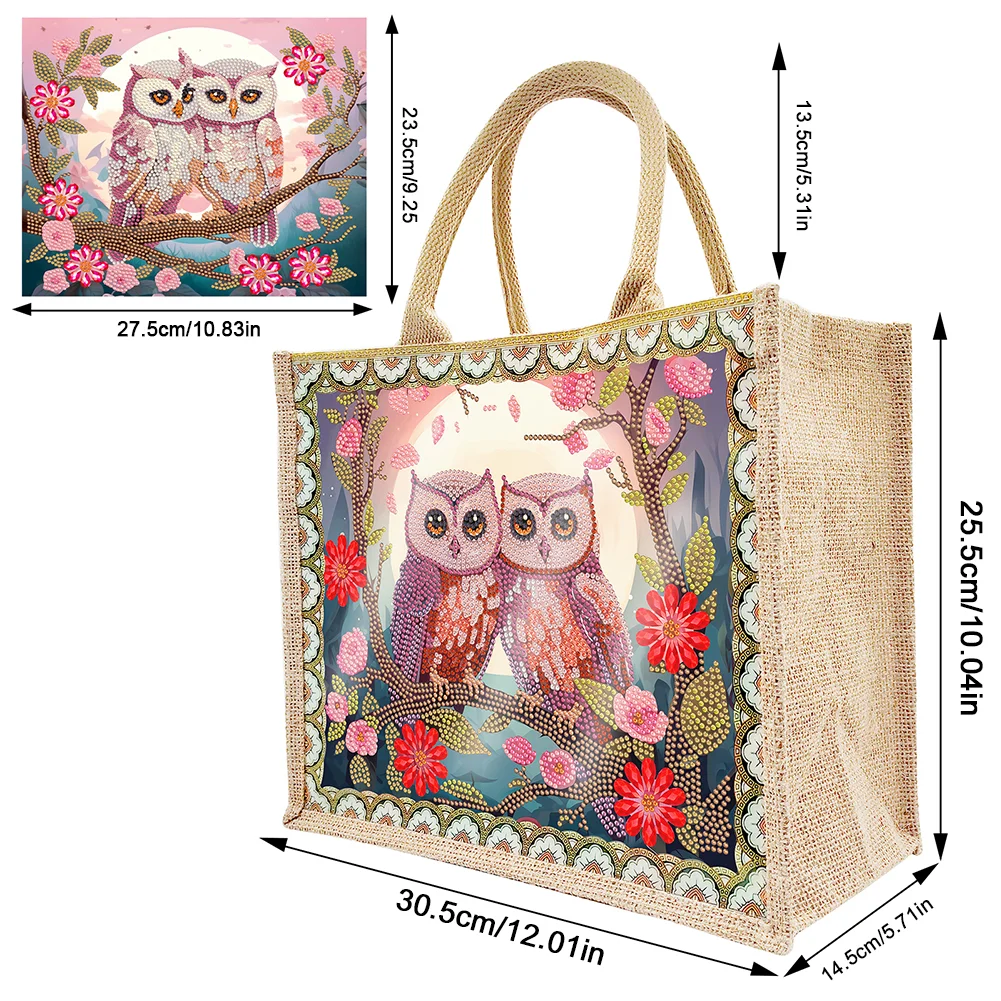 Linen Garden Owl Diamond Art Large Capacity Handbag Birthday Gift for Friends