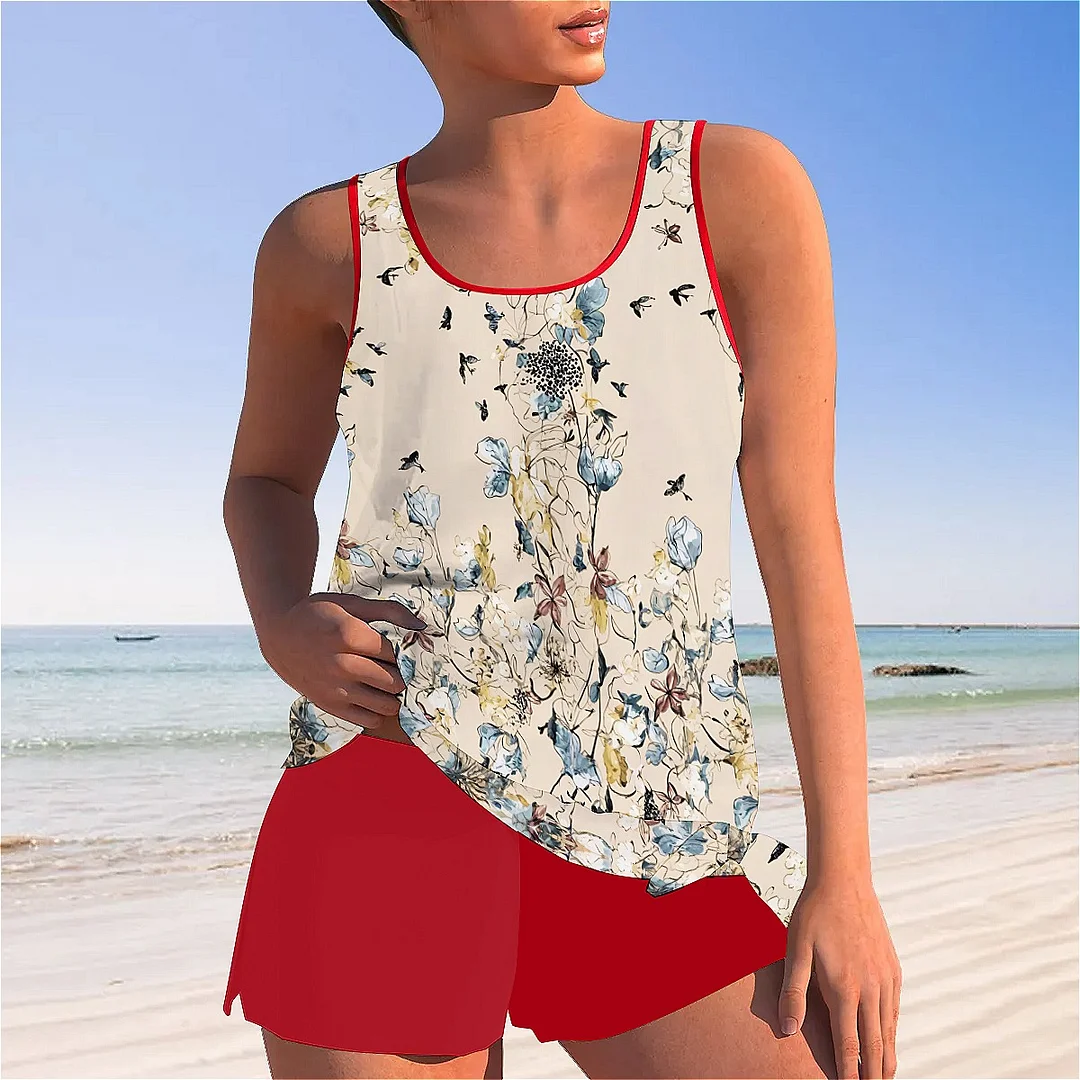 Bowknot Apricot,Floral,Blue Mid Waisted Tankini Set - Plus Size Available