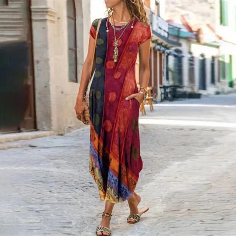 Vintage Flower Dress Women O Neck Pocket Summer Casual Dresses For Women Loose Long Dress Plus Size Ladies Vacation Party Dress