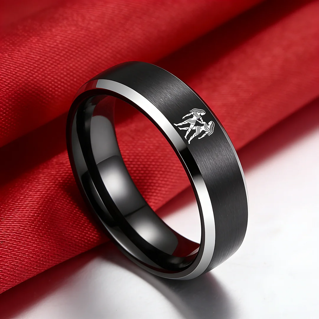 Black Gemini Tungsten Carbide Rings Beveled Edges Black Laser Etched Couple Wedding Bands 4MM 6MM 8MM Width