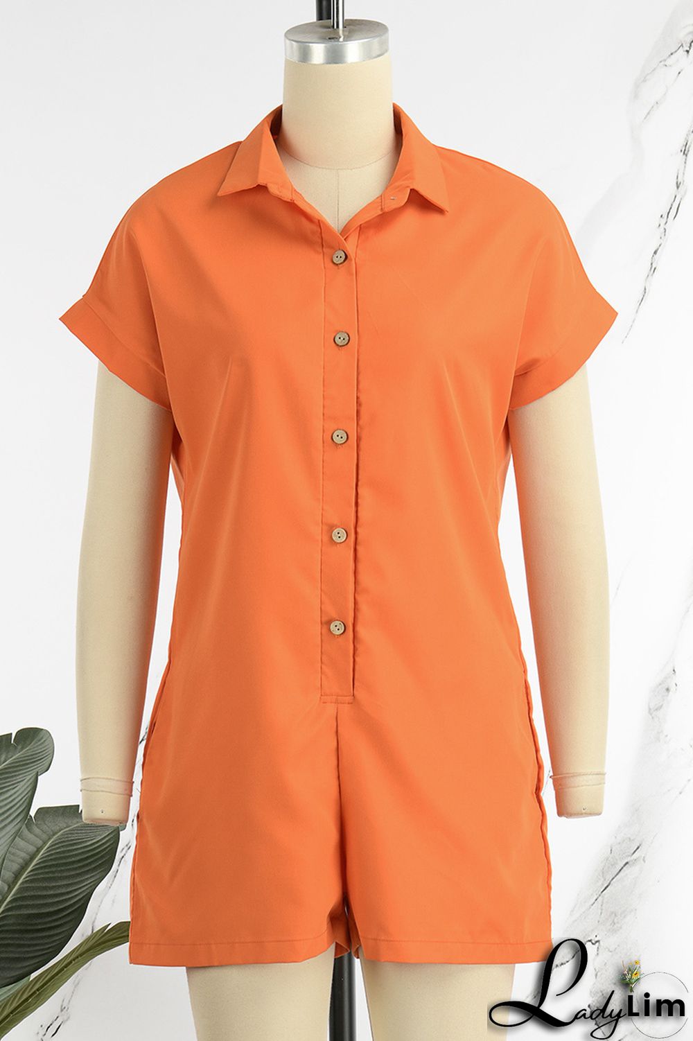 Orange Casual Solid Patchwork Turndown Collar Regular Romper