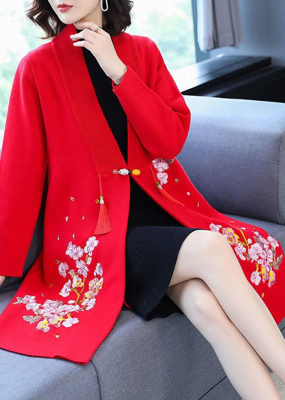 Stylish Red Embroideried Tassel Woolen Coats Long Sleeve