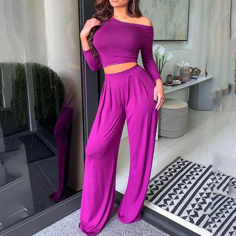 Women's Ladies round neck single sleeve navel two-piece suit Two-piece Outfits MusePointer