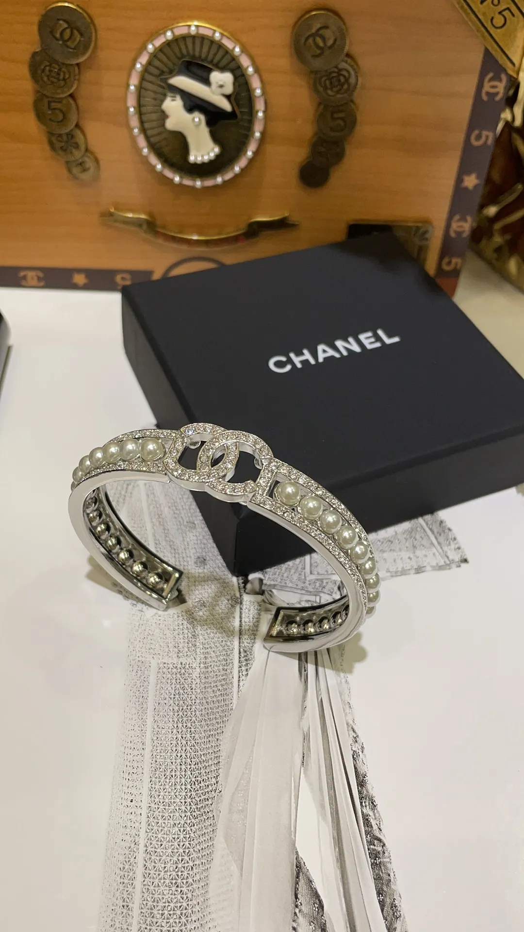 Chanel 24S CC Pearls Silver Cuff Bangle Bracelet
