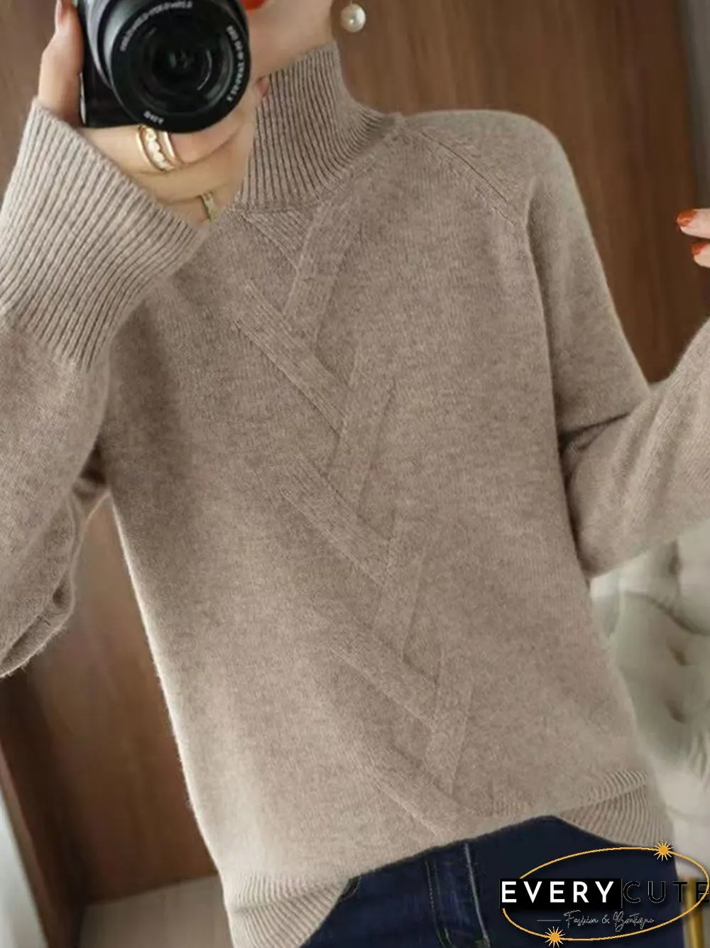 Casual Loose Long Sleeves Solid Color High-Neck Sweater Tops