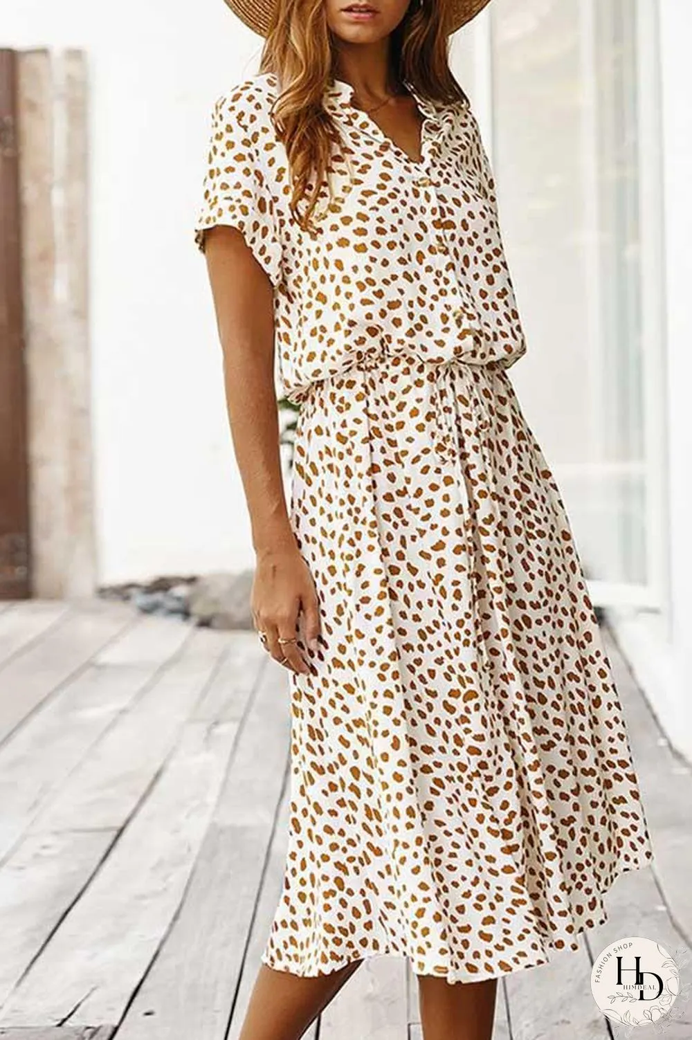 Polka Dot Short Sleeve Midi Dress (2 Colors) P14123