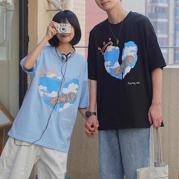 Girlfriend Boyfriend Love Heart Print T-Shirt - Modakawa Modakawa