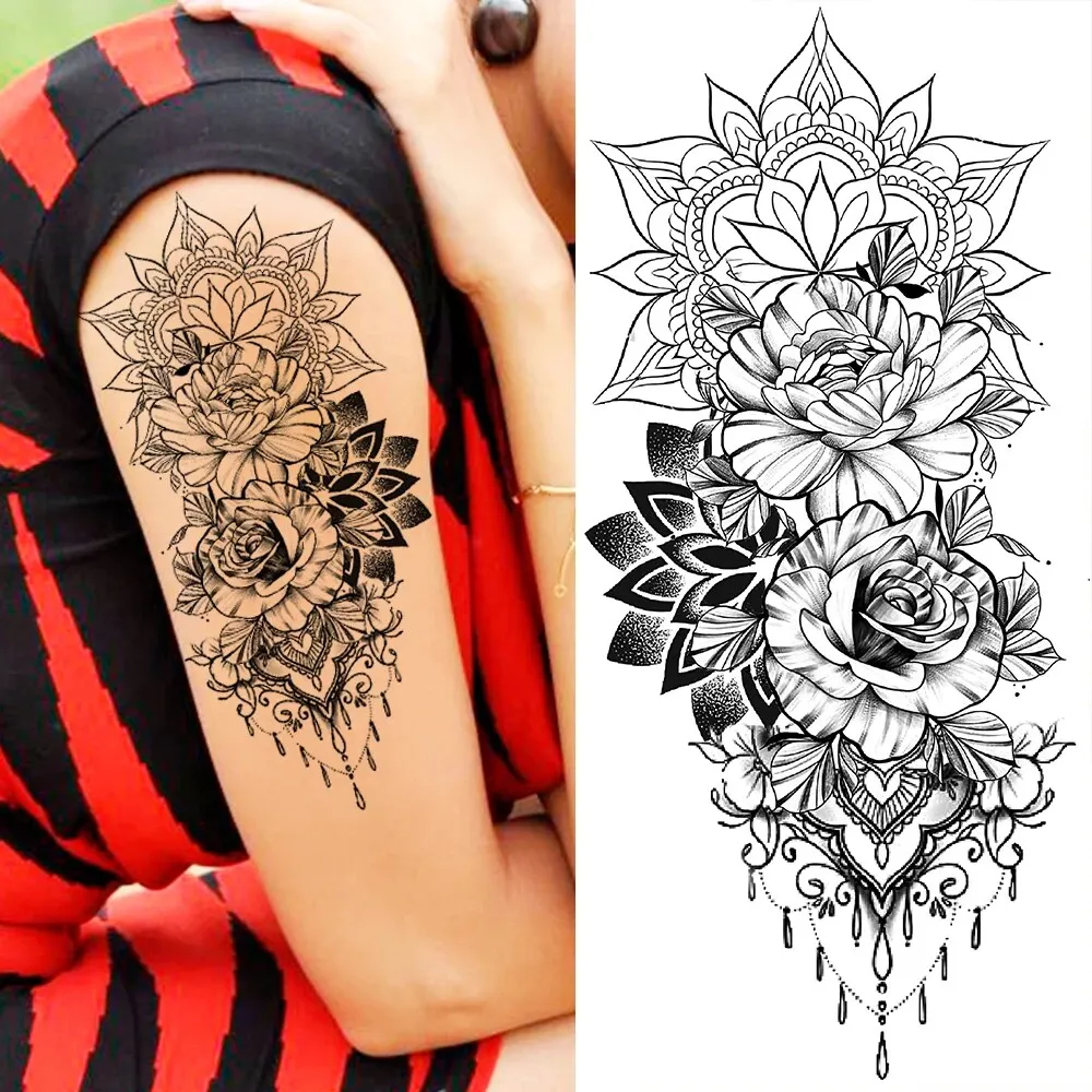 Sdrawing Sunflower Butterfly Temporary Tattoos For Women Adult Rose Flower Moon Fake Tattoo Arm Body Art Decoration Tatoo Paper