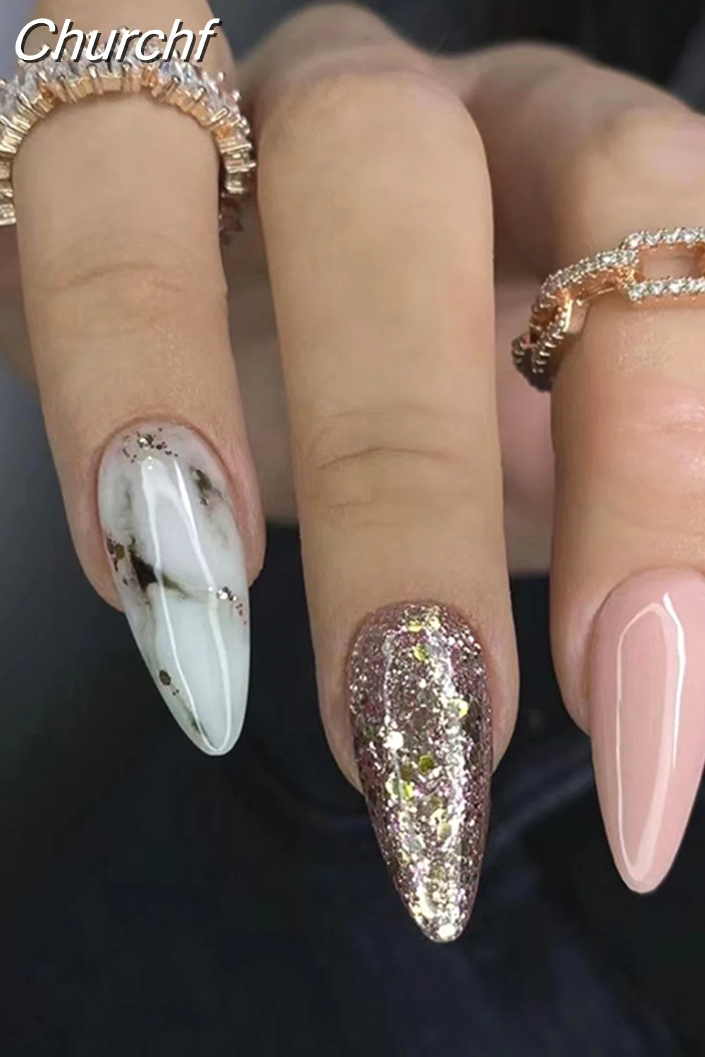 Churchf Simple False Nails Set White French Almond Fake Nails With Designs Press On Nails Manicure Full Cover Nail Tips-Nail Inspo