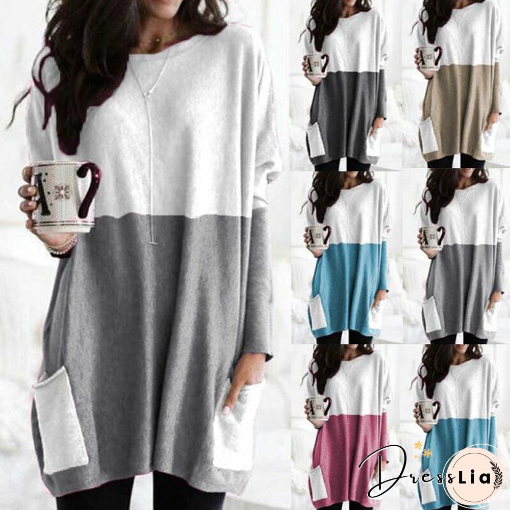 Hot Sale New Fashion Stitching Pocket Mid-length Loose Long-sleeved T-shirt Women
