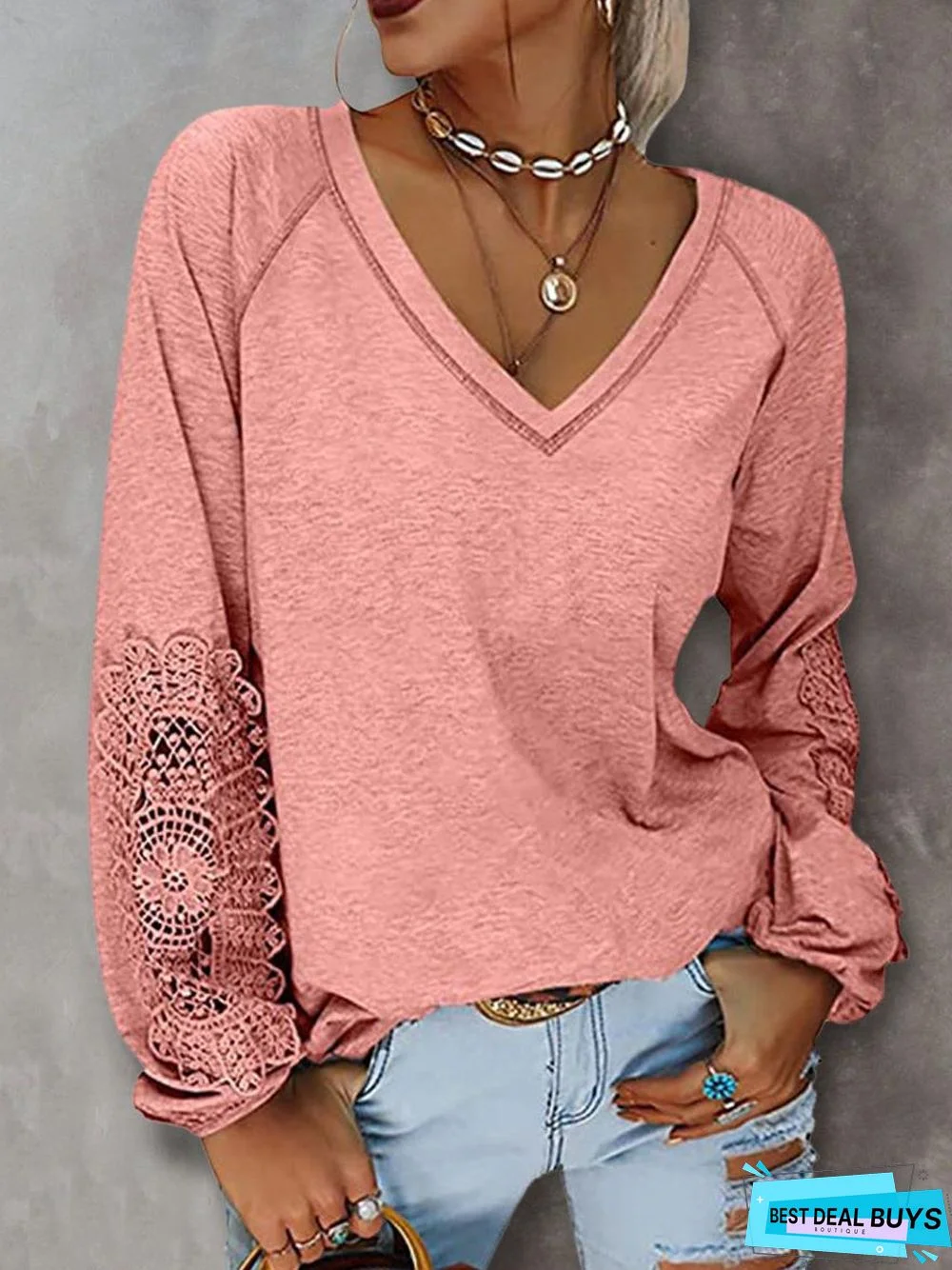 Fall/Winter Solid Color V-Neck Stitching Lace Lantern Sleeve T-Shirt