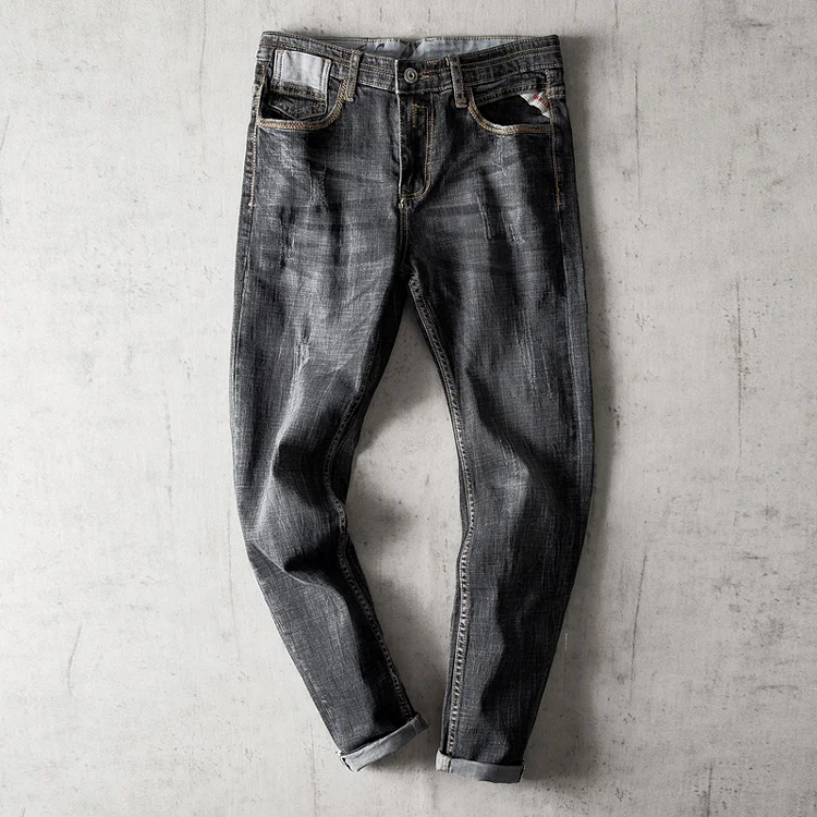 Vintage Black Distressed Stretch Denim Straight-Leg Pants