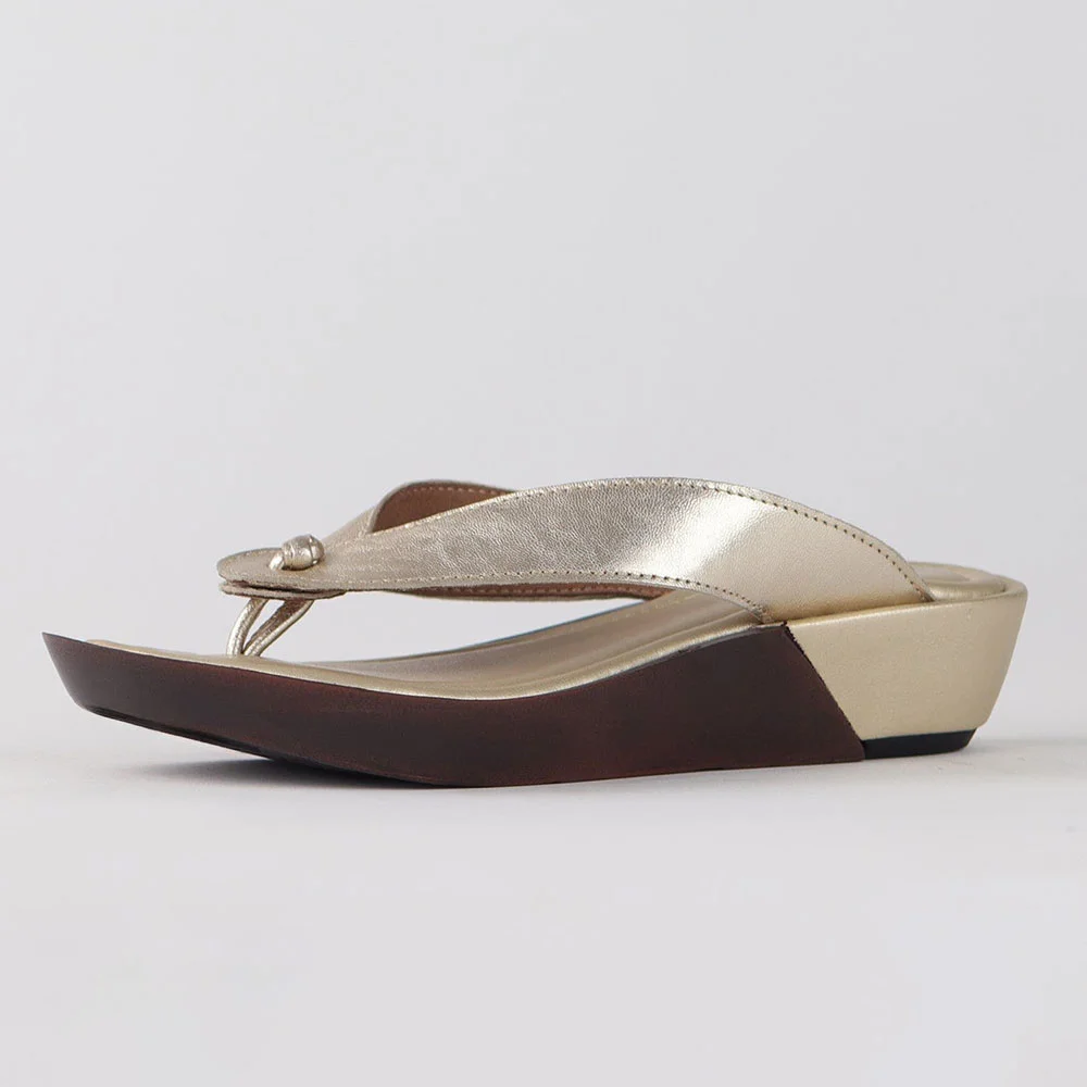Gold Metallic Finish Open Round Toe Wedge Heel Platform Flip Flops
