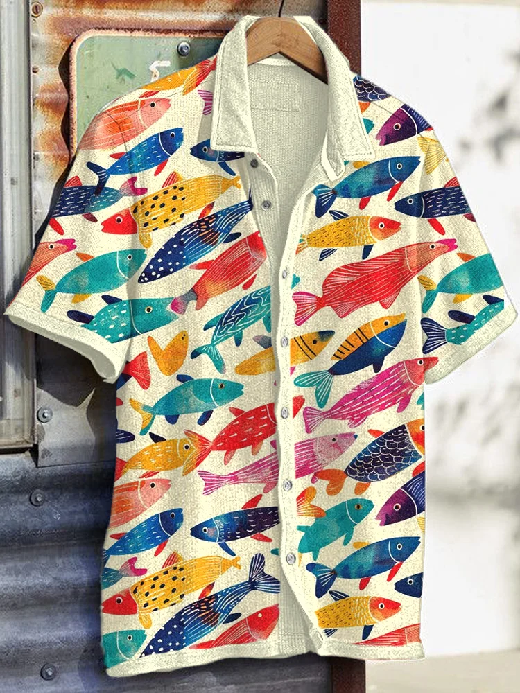 Comstylish Colorful Fish Art Print Casual Vintage Shirt