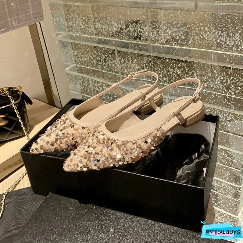 Women Sequin Pointed Toe Flat Slingback Pumps
