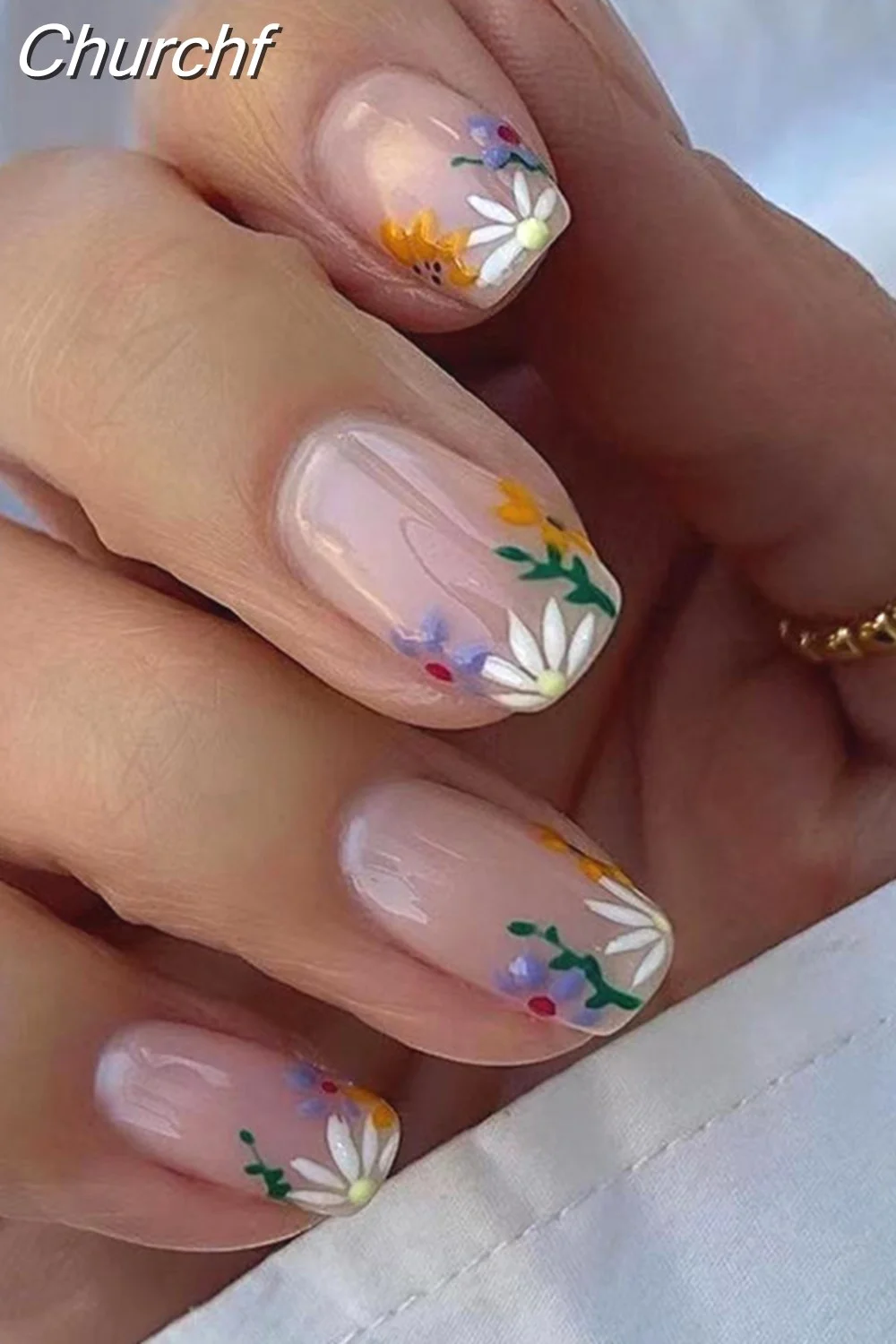 Churchf Wave Line Short Ballet French False Nails With Flower design Square Head Fake Nail Tips Simple Wearable Press On Nails-Nail Inspo