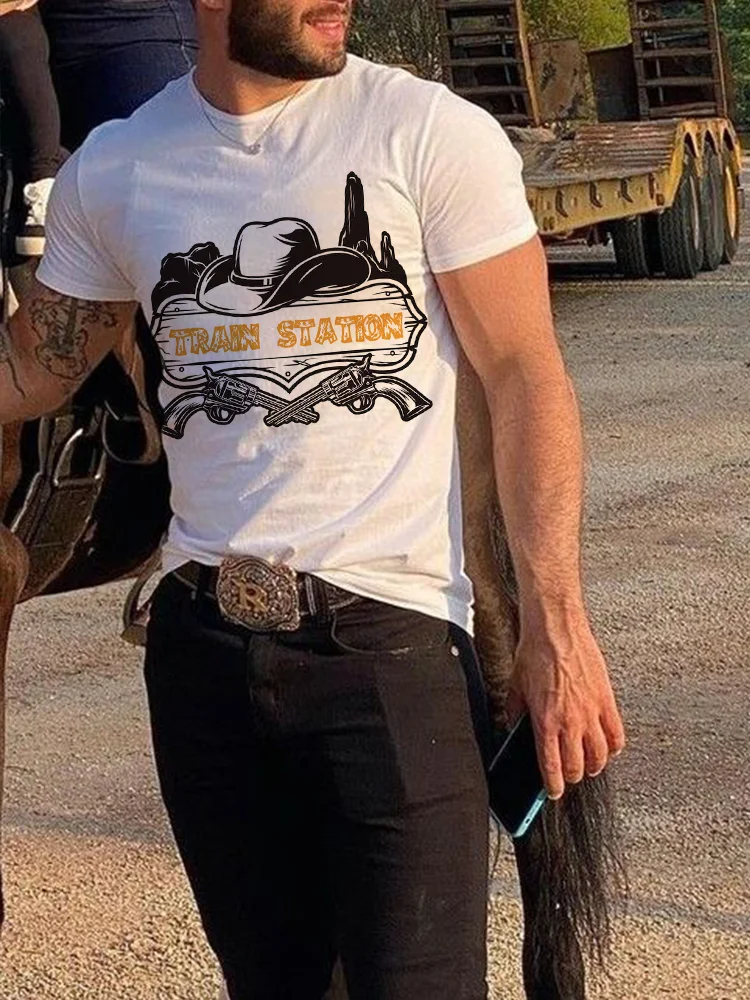 Western Train Station Print Men's T Shirt