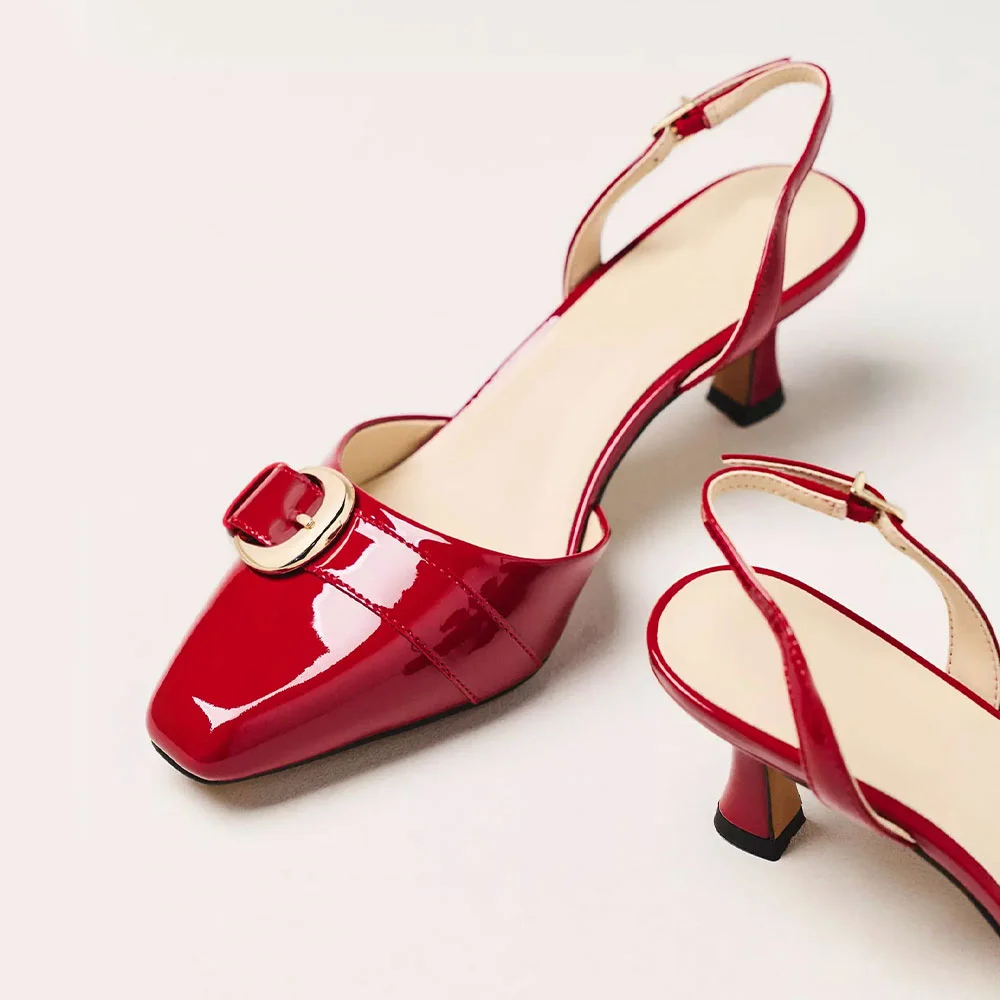 Red Patent Leather Pointed Toe Kitten Heel Slingback Pumps with Buckle