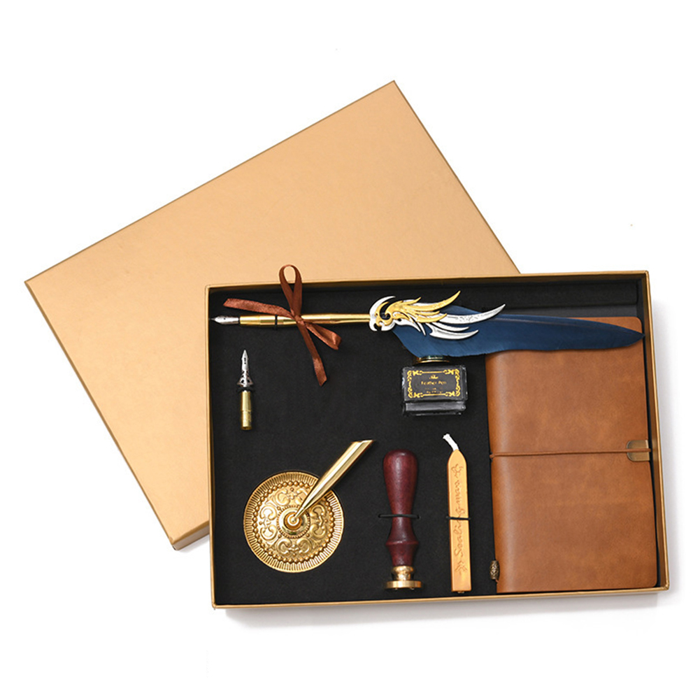

Navy Retro Notebook Ink Bottle Calligraphy Feather Dip Pen Set Stationery Box, 501 Original