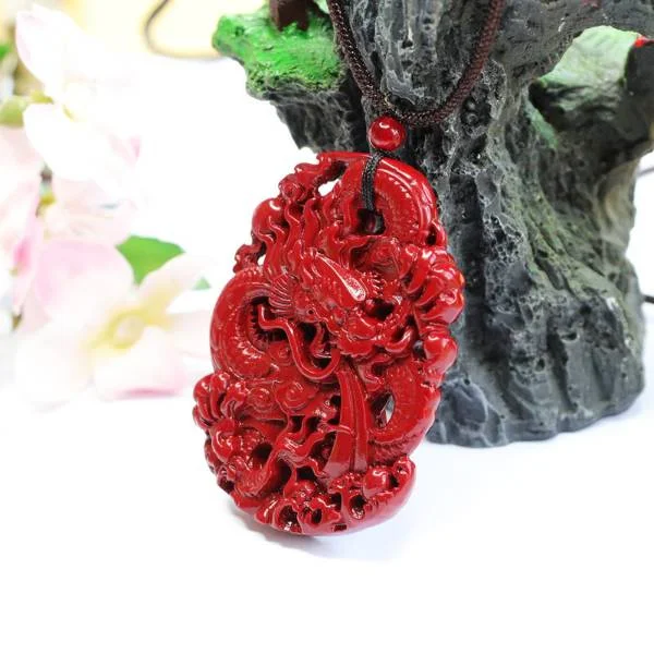 Natural Cinnabar Double Sided Engraved Dragon Pendant Necklace