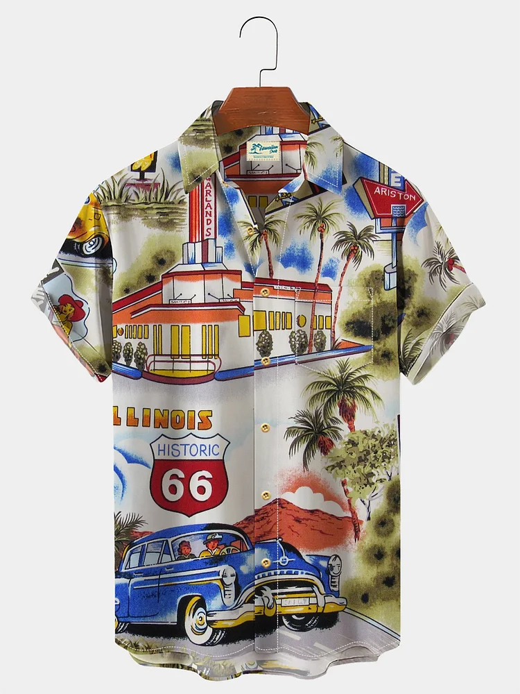 Men's Holiday Hawaiian Shirts Palms Old Chevrolet Car Anti-Wrinkle Plus Size Tops