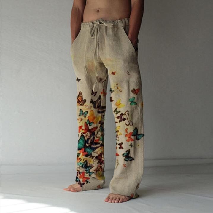Men's Loose Butterfly Print Cotton Linen Casual Pants、、URBENIE