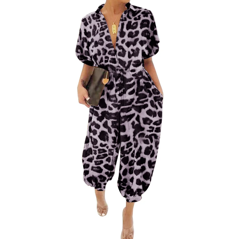 Vogue Leopard Print Lapel Bandage Onesies Jumpsuits