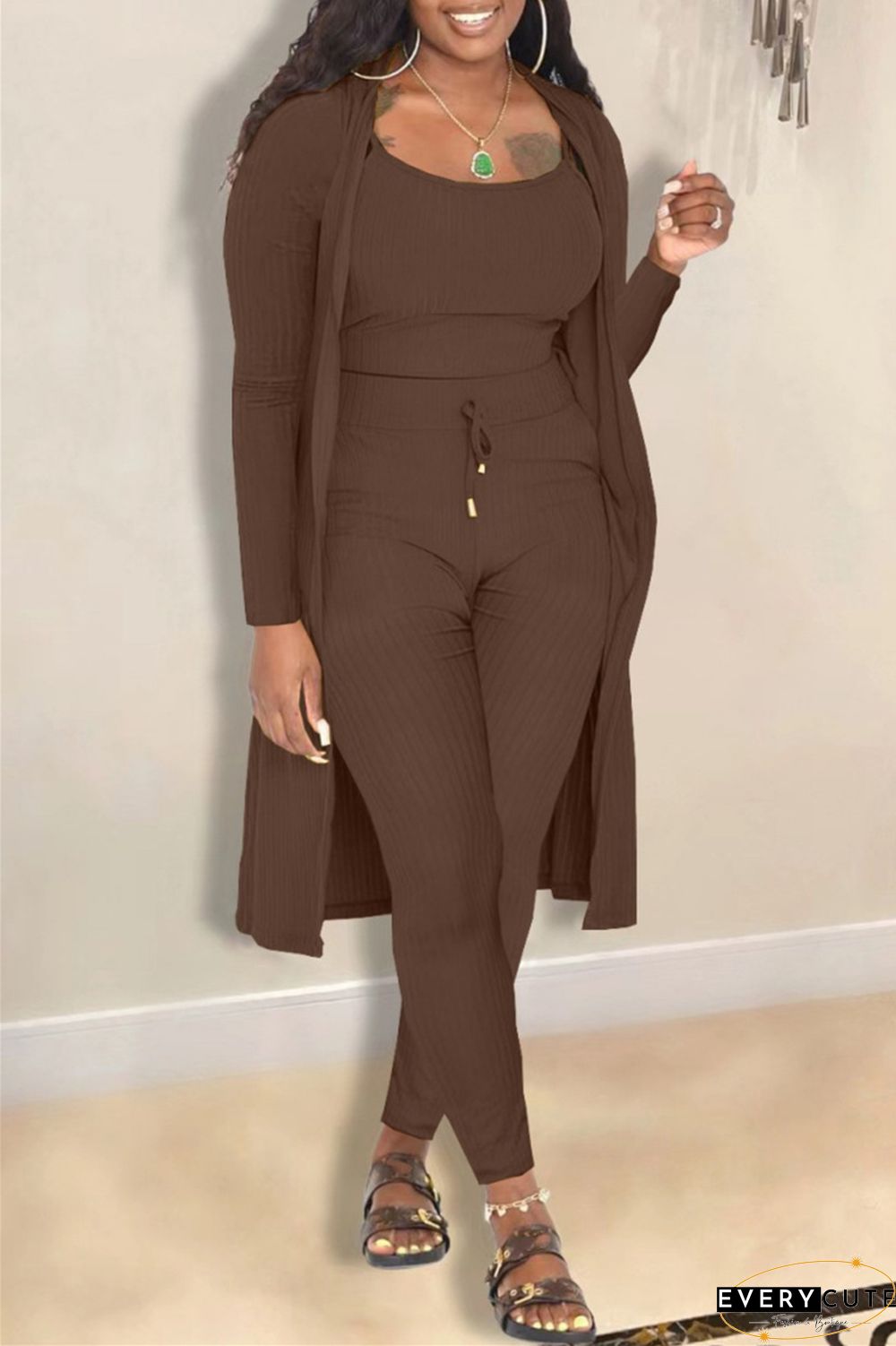 Casual Solid Cardigan Vests Pants Long Sleeve Three Piece Set