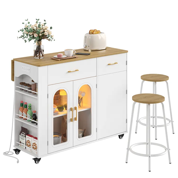 Bestier Kitchen Island Set with Storage & 2 Seating Stools, LED Lighted Rolling Island Cart on Wheels with Power Outlet, Spice Rack & Storage Cabinet, Mobile Island Table for Kitchen