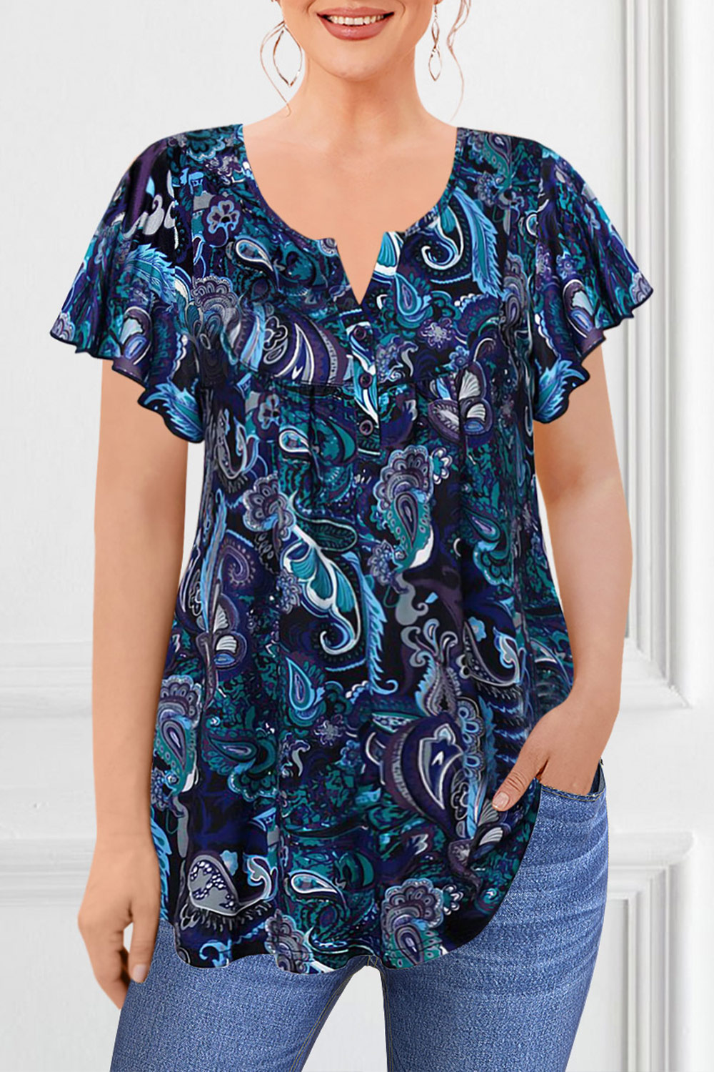 Flycurvy Plus Size Casual Navy Blue Paisley Print Ruffle Sleeve Button Fold Blouse 2024 - Flycurvy 